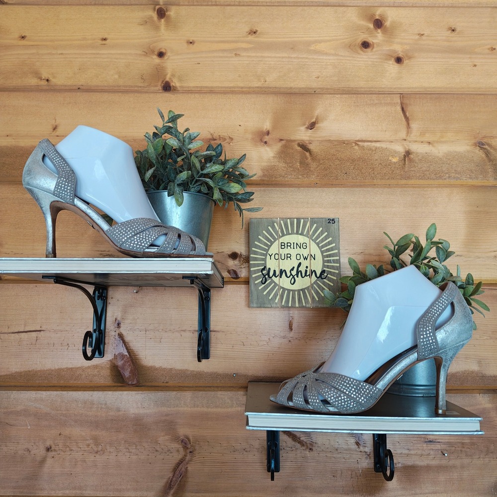 Badgley Mischka Tatiana Open Pump Gray Leather D'Orsay Rhinestone Heel  Sz 8.5 M